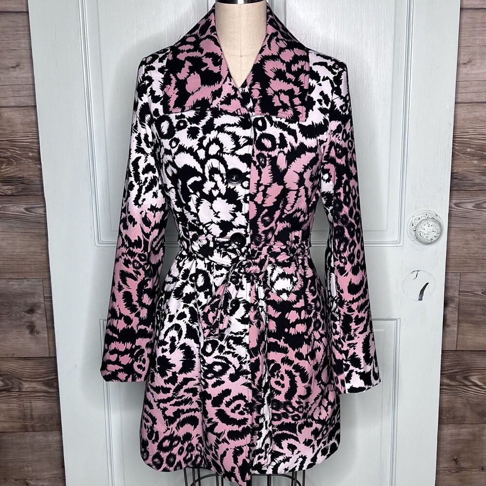 GRASS COLLECTION Trench Coat Pink Black Cheetah Mid-Length Belted SZ XS NWOT